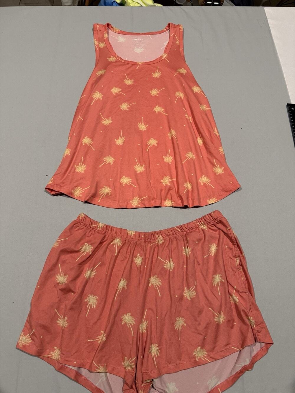 Joyspun Women Pajama Set L 12-14 Orange/Yellow Palm Tree Tank & Shorts